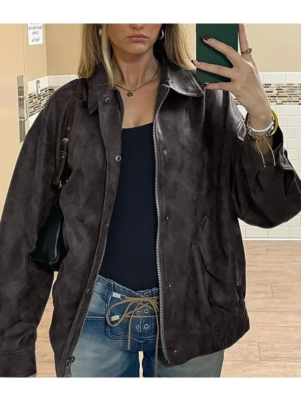 Women's Black Grey Oversized Winter Moto Biker ZIP Up Fall Faux Leather Jacket